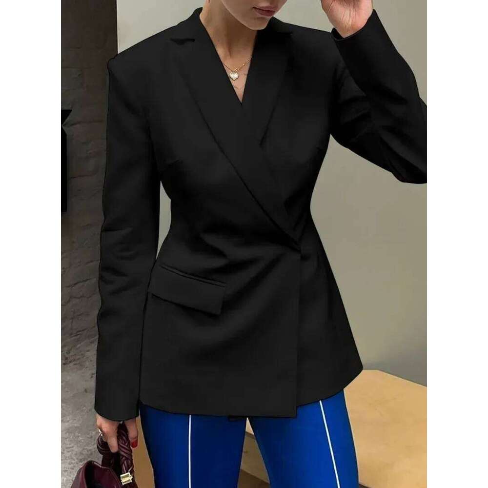 Elegant Women S Backless Black Suit Ladies Chic Long Sleeve Covered Buttons Hollow Out Blazers White Tops Coat Outerwear MAKOUFEI