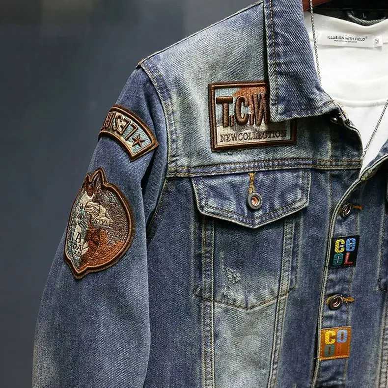 Clothing Mens Denim Jacket Spring Autumn Korean Slim Badge Jacket Retro Embroidered Brand Fashion Jeans Coat M260309