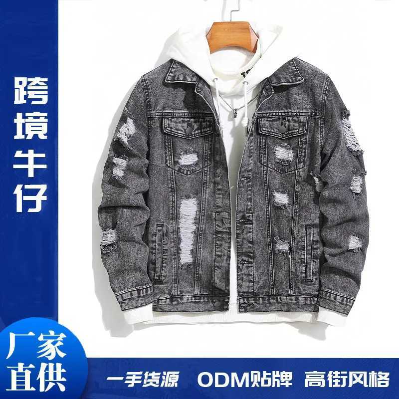 Mens Autumn Handsome Loose Casual Break Hole Jacket Mens Clothing Street Fashion Denim Jacket Lapels Spliced Tops Black Coats M260309