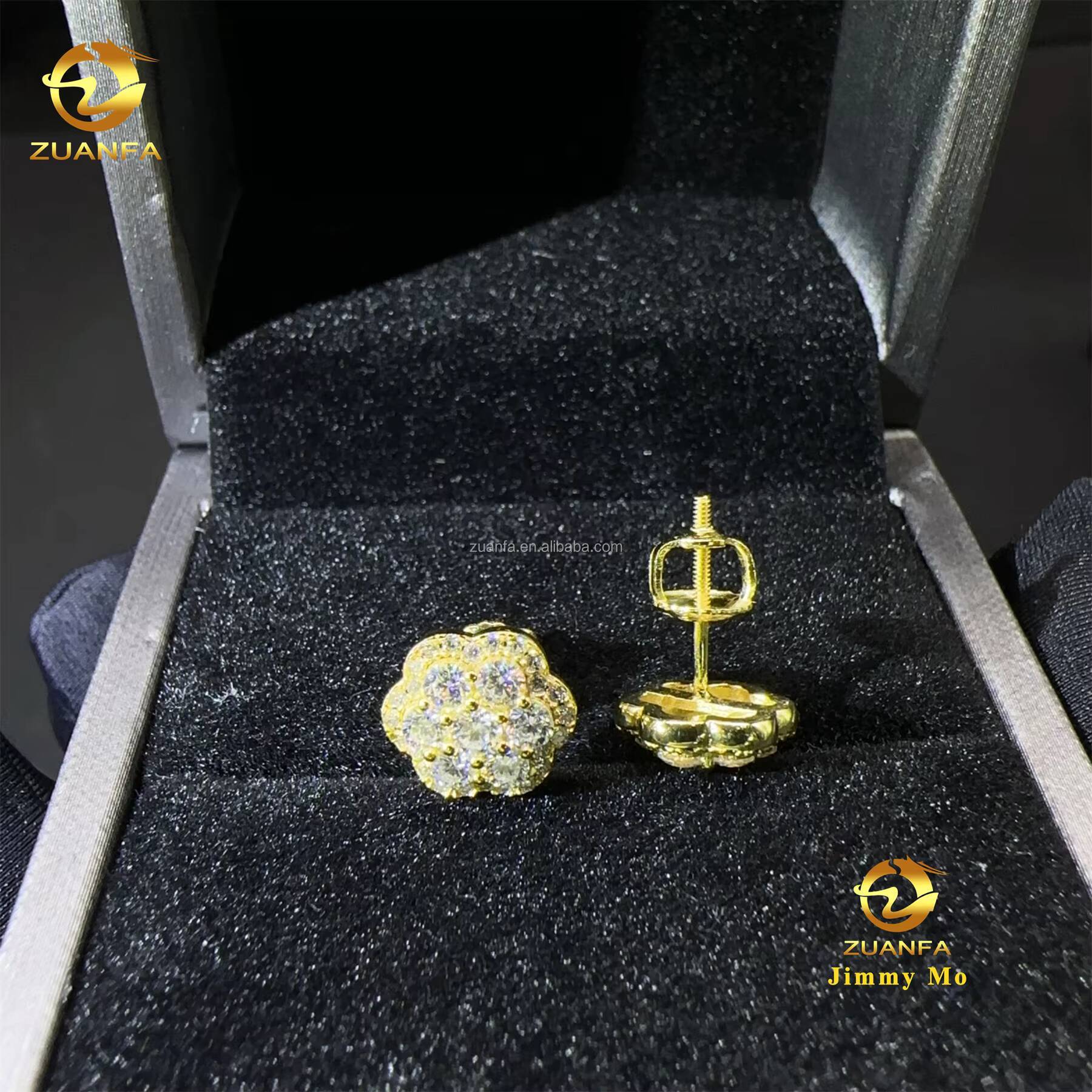 Pass Diamond Tester Drop Shipping Men Iced Out Hip Hop Sterling Silver 925 Screw Back Moissanite Flower Shape Cluster Earrings