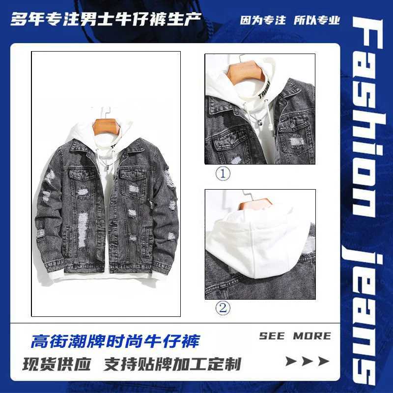 Mens Autumn Handsome Loose Casual Break Hole Jacket Mens Clothing Street Fashion Denim Jacket Lapels Spliced Tops Black Coats M260309