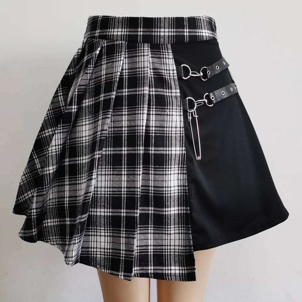 Goth Skirt New Female Women Mini Skirts Casual Basic Fashion All Match Plaid Vintage Irregular High Waist College Wind XJ260309
