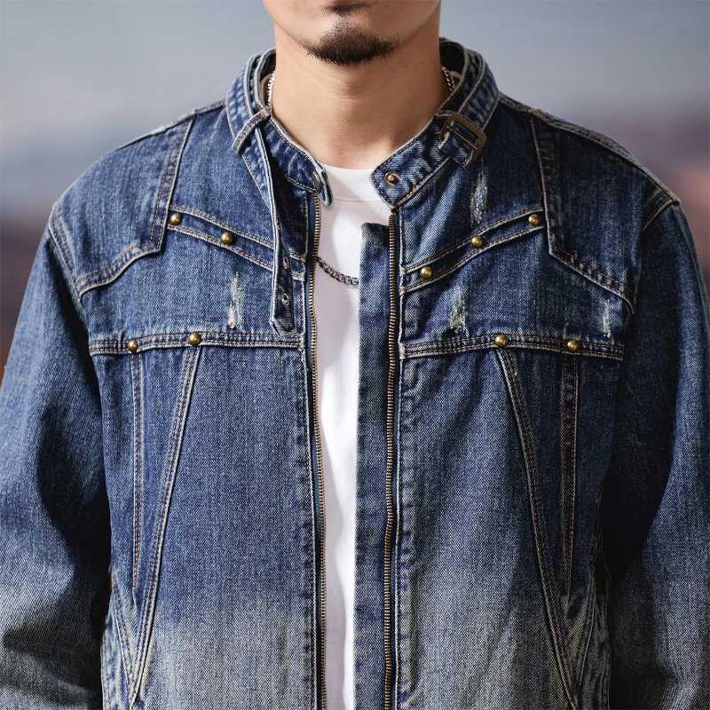 2025 American Style Retro Color Motorcycle Denim Jacket Mens Spring and Autumn Personalized Splicing Stand Up Collar Denim Jack M260309