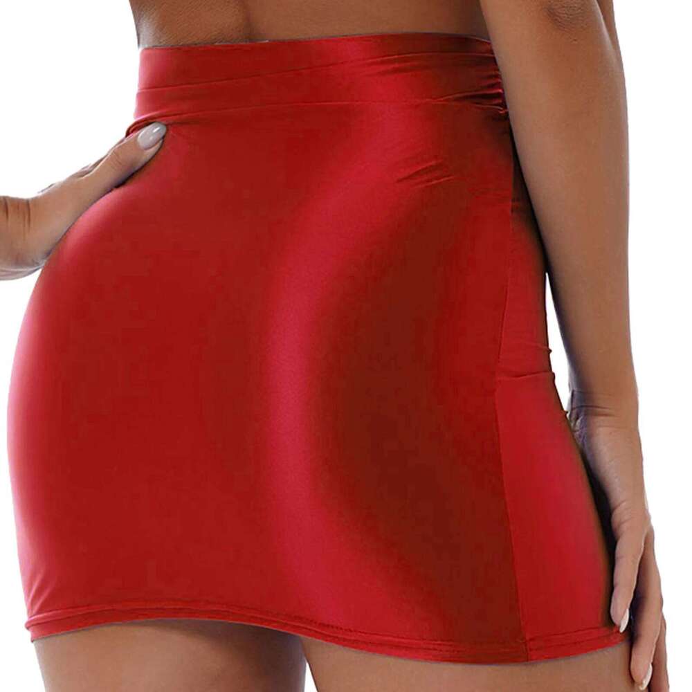 Women Glossy Bodycon Skirts Rave Party Club Wear Stretchy Slim Fit Pencil Skirt Short Dress Solid Color High Waist Daily Clothes XJ260309