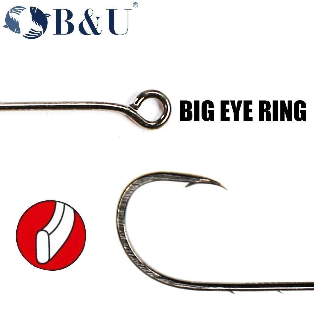 B&U 20 pcs hook Long Shank Barbed Round Bent Joint Big Eye Ring Worm Hook Fishing Lure Spoon Spinner S260305