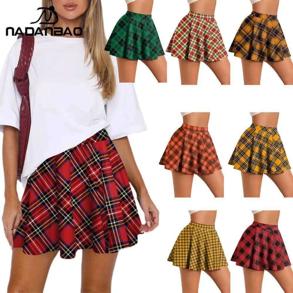 Nadanbao Summer Women High Waist Plaid Pleated Skirts Y2K Streetwear School Uniform A-Line Gym Student Short Skirt Girl XJ260309