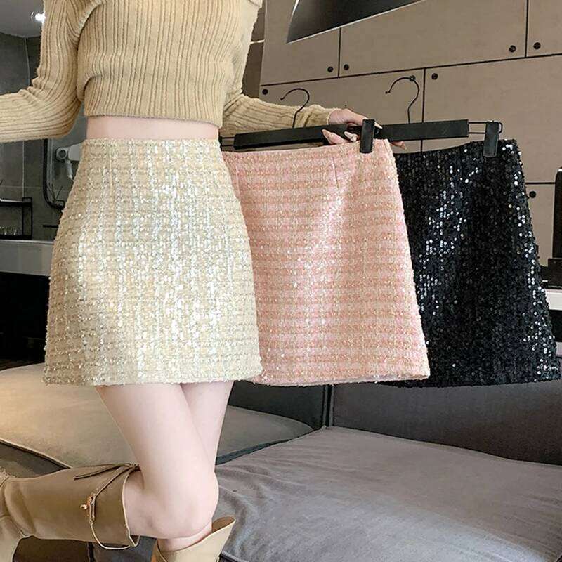 Fashion Streetwear Mini Women's Skirts Y2K Autumn Winter A-Line Glitter Sequins Tweed Skirt Bodycon Wrap Black Pink Jupe Femme XJ260309