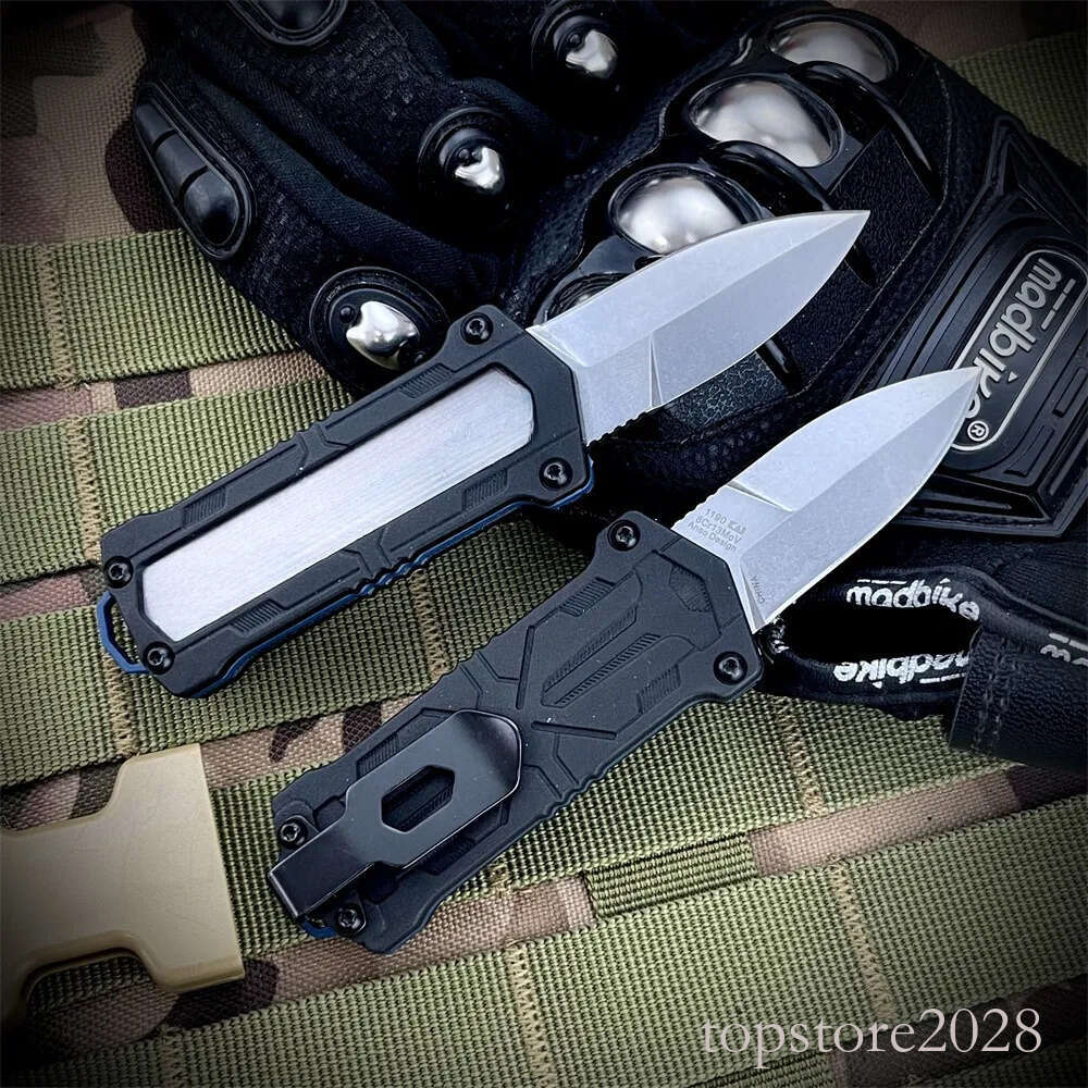 NEW 1190 Jens Anso pocket knife Kapsule OTF Tactical Pocket Knife 1.9 Stonewashed Spear Point Blade Black Nylon Fiber Handles Outdoor Hunting Survival