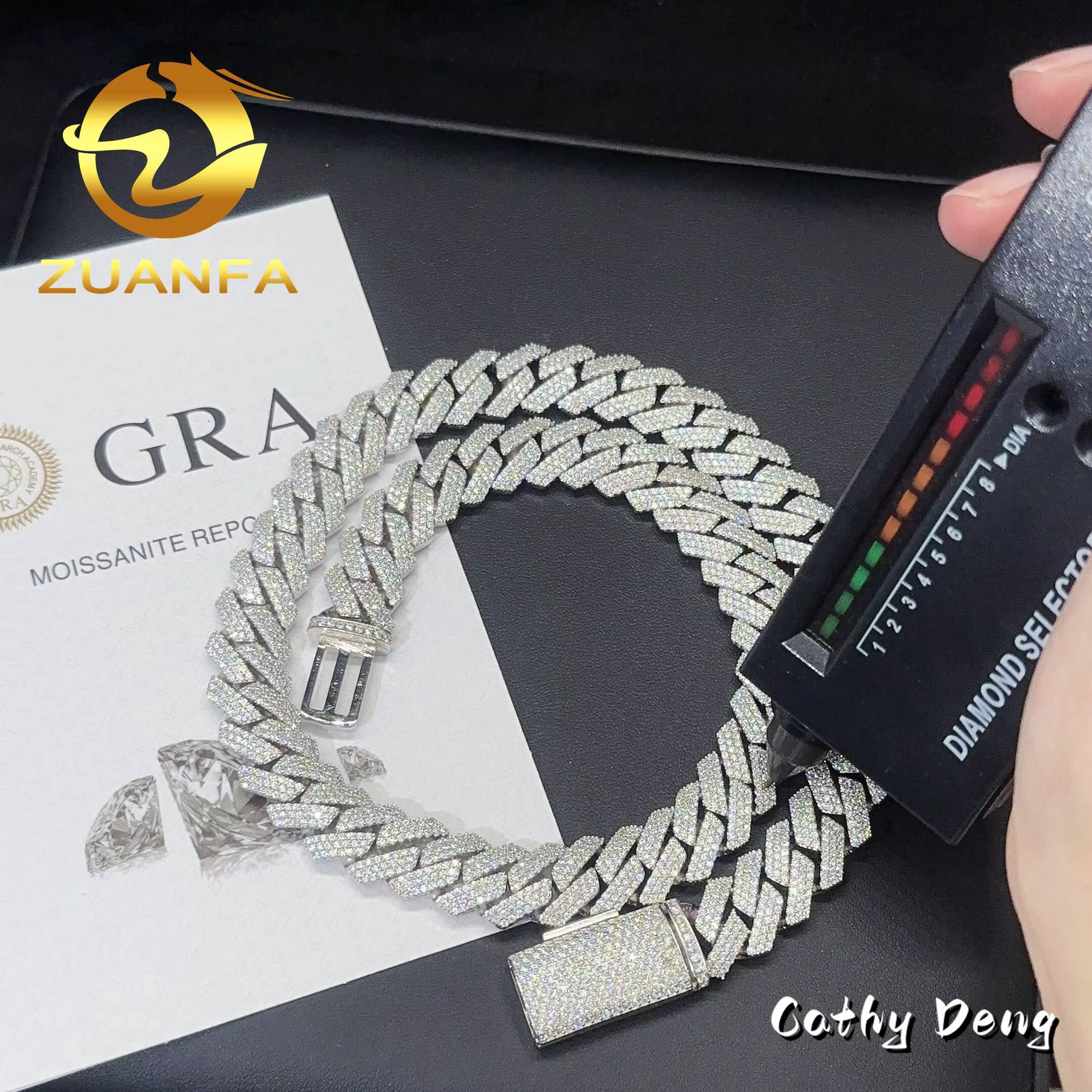 Wholesale Price 14mm 3Rows Moissanite Cuban Chain 925 Sterling Silver Iced Out VVS Men Cuban Link Chain Necklace