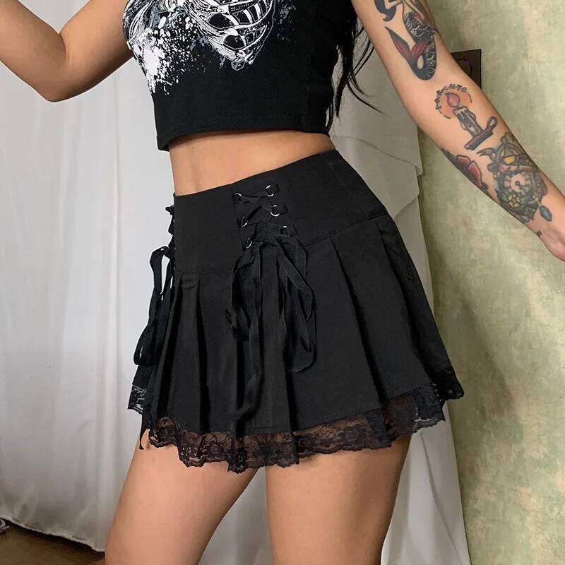 Girl Retro Pleated Skirt Lace Up High Waist Plaid Mesh Stitching Hem Y2K Aesthetic Gothic Black Mini Skirts Bodycon XJ260309