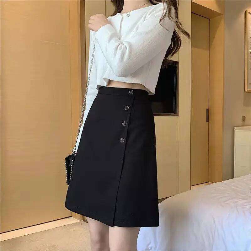 Skirts Women 4XL Solid Button Knee-length Elegant Office Lady Business Temperament Korean Style Trendy Females Summer Mature New XJ260309