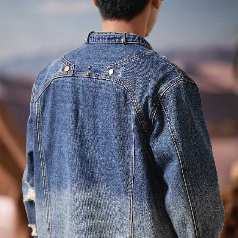 2025 American Style Retro Color Motorcycle Denim Jacket Mens Spring and Autumn Personalized Splicing Stand Up Collar Denim Jack M260309