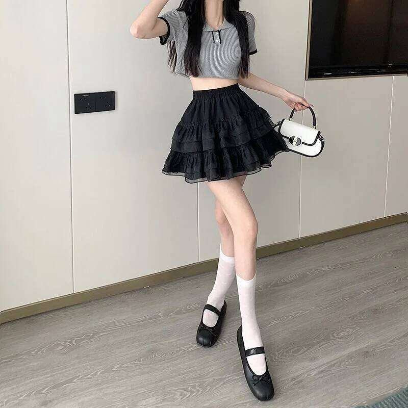 2025 Elastic Gothic Lace Tutu Skirt Women Black Mesh Detail Petticoat Sexy Mini Tulle Skirts Party Club Wear Dancer XJ260309