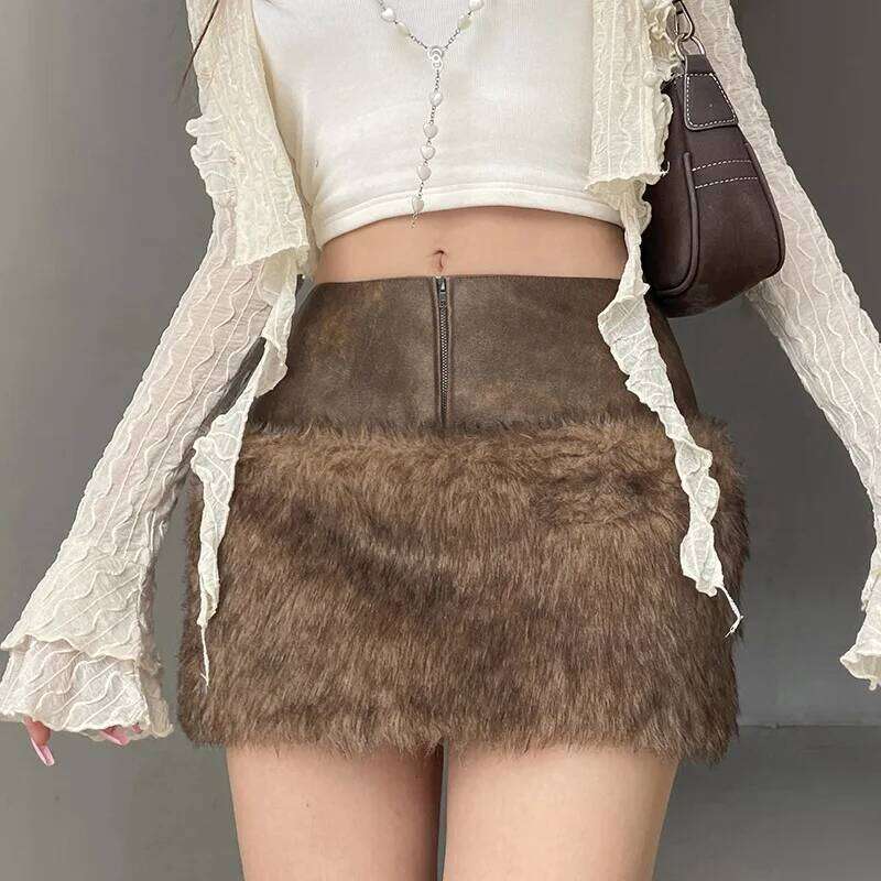 Vintage Patchwork Pu Leather Furry Skirt 2024 Winter Fashion Slim Mid-Waisted Mini Skirts Women Streetwear Lady XJ260309