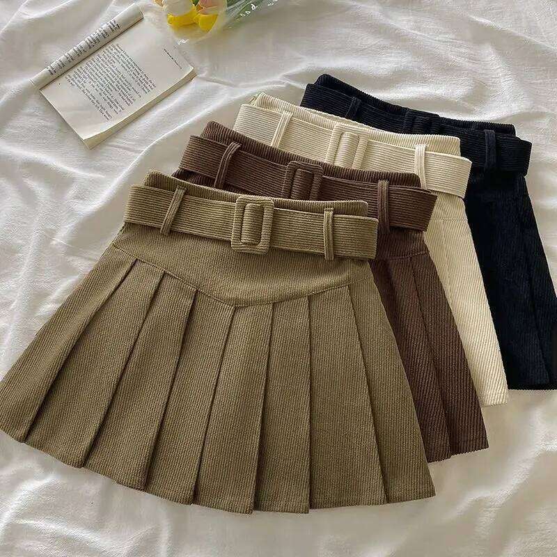 2025 Autumn Winter Corduroy Pleated Short Skirts For Woman Preppy Style High Waist Casual A-line Female Skirk XJ260309