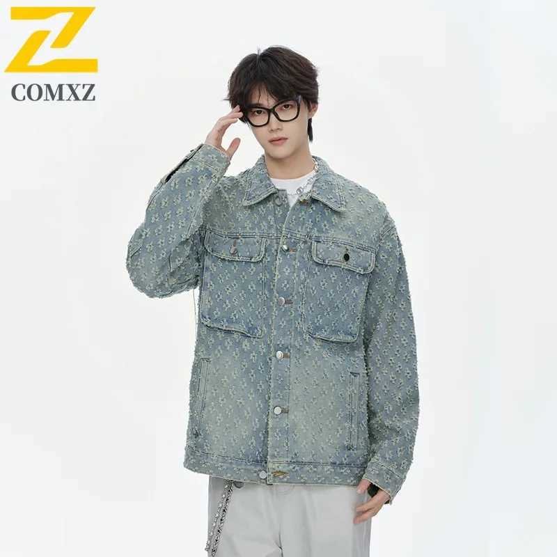 COMXZ 2025 Spring Fashion Distressed Brushed Plus Size Unisex Color Block Denim Jacket J8813 P65 Special Price M260309