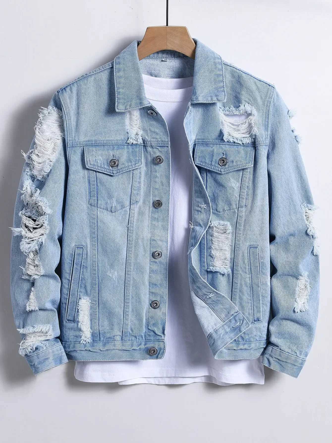 GELITAYIN Mens Denim Jacket For Spring And Autumn Light Blue Ripped Denim Jacket Street Trend Style Daily Casual M260309
