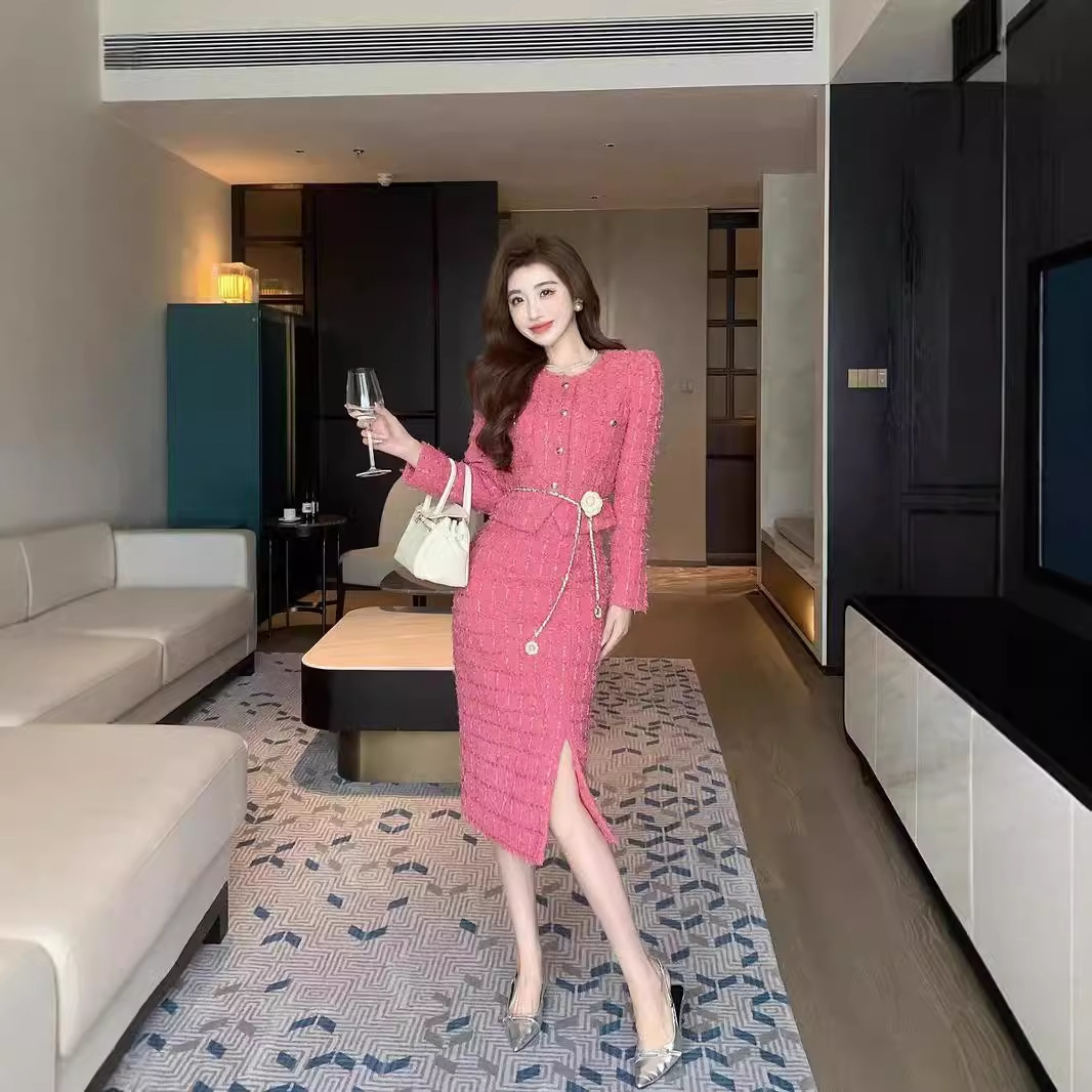 Autumn Spaghetti Strap Woolen Patchwork Mesh Tulles Midi Dress Short Tweed Jacket Coat For Women 2 Pieces Set Outfits 240708