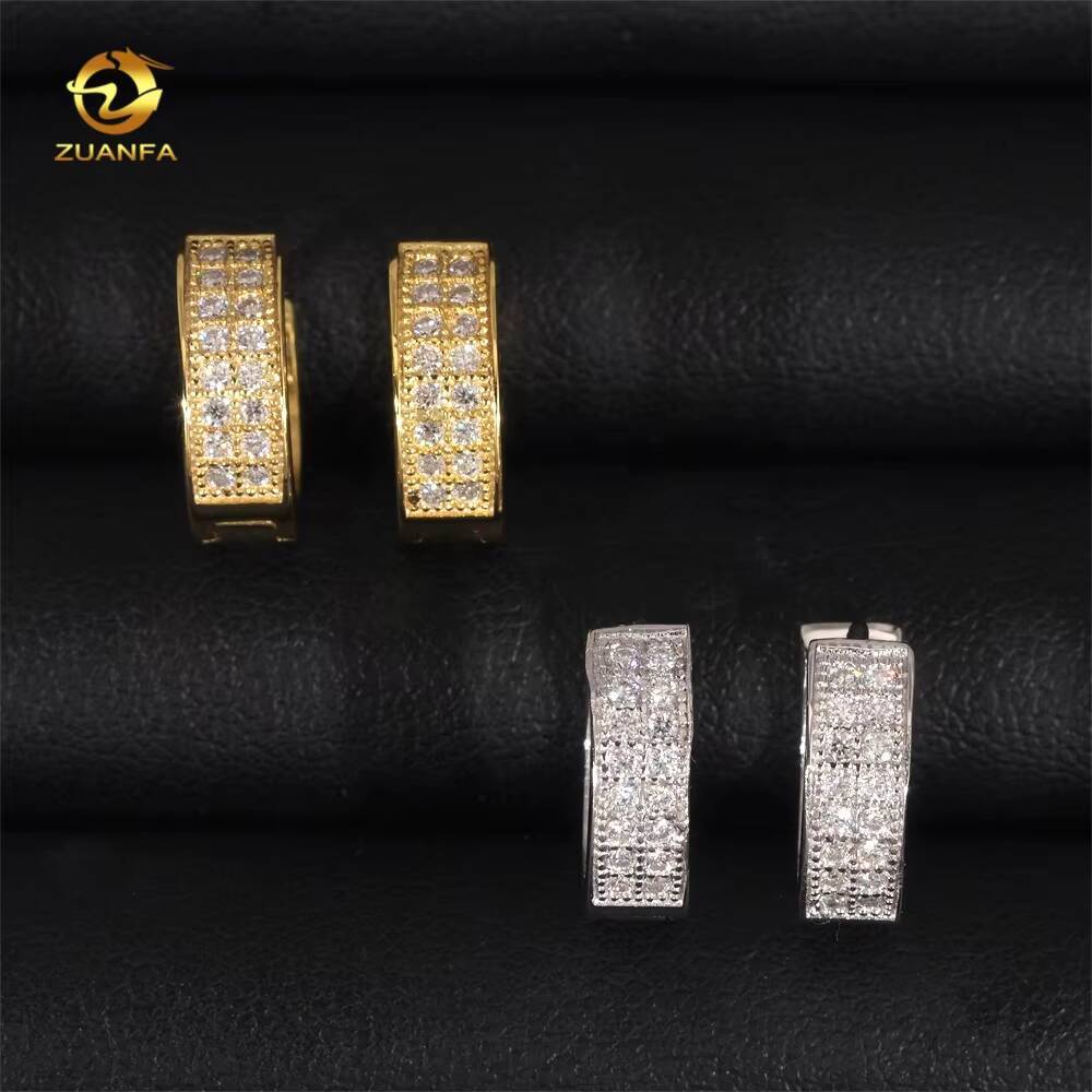 Pass Diamond Tester Two Row Diamond Hoop Iced Out Moissanite Hip Hop 925 Silver Earrings