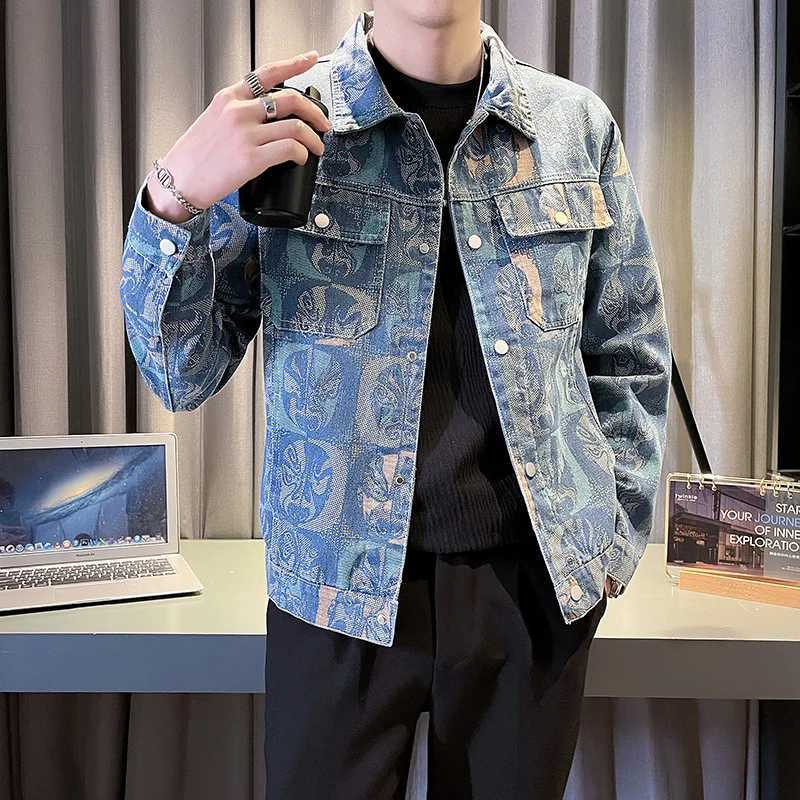 Stylish Autumn New Washed Mens Denim Jacket with Jacquard Print Pattern M260309