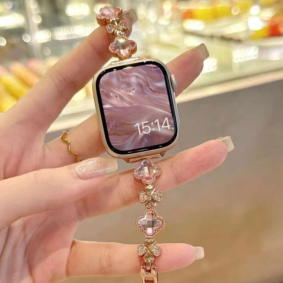 Watch Band Clover Pink For Apple Watch Luxury Gold Metal Bracelet with Sparkly Rhinestones For iWatch Crystal