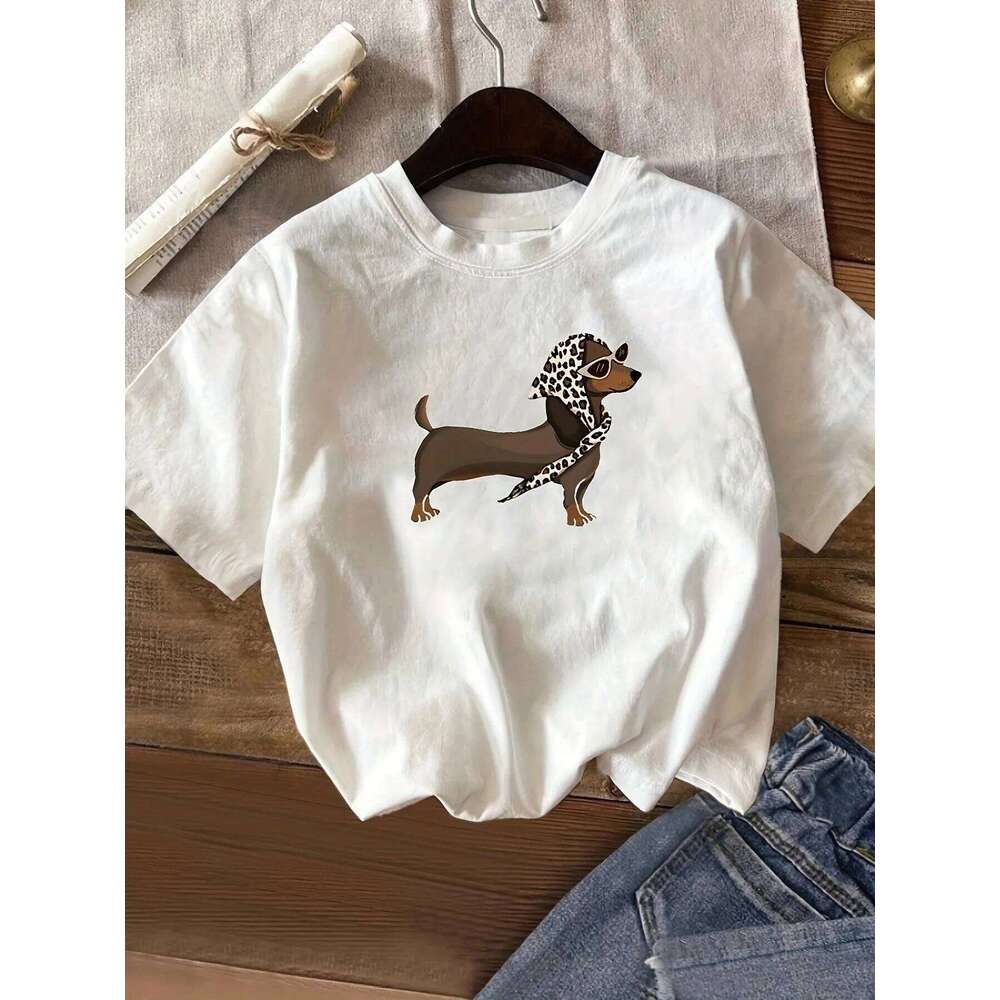 Y2K Clothing Women's Casual Dachshund Leopard Print Short Sleeve T-Shirt White Crew Neck Summer Tops Soft and Comfortable XJ260306