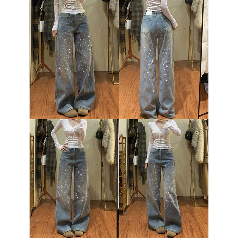 Women's Jeans Spring New Arrival Premium Heavyweight High-Waisted Slimming Straight-Leg Jeans with Blue Double-Color Hot-Fix Rhinestones