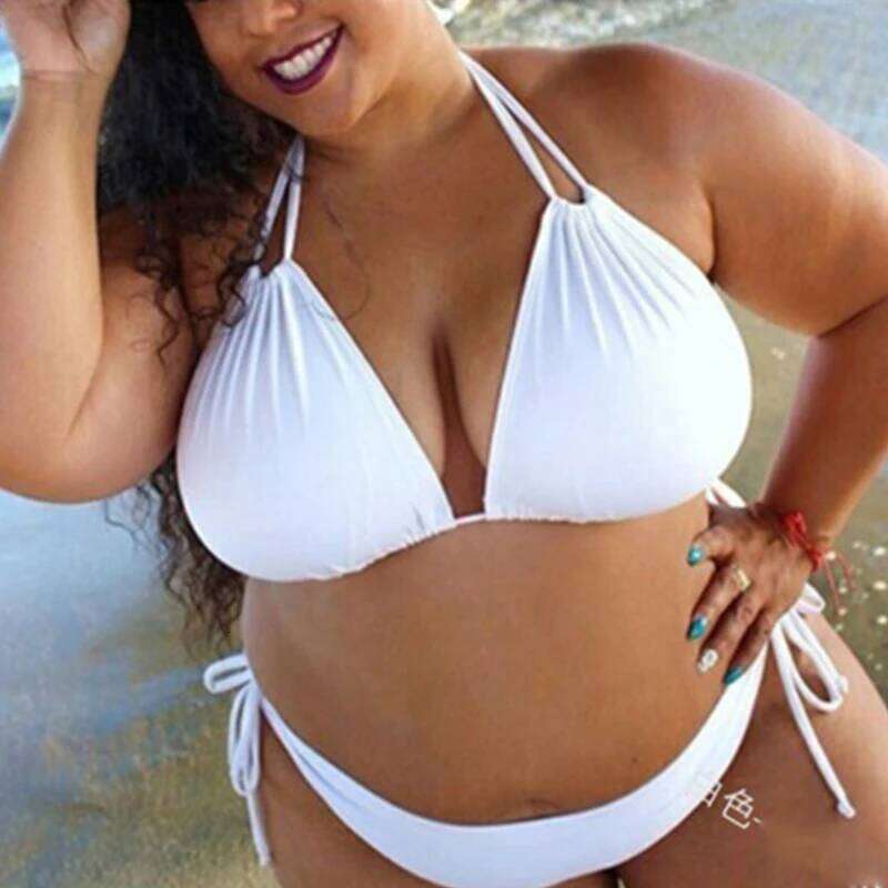 Sexy Plus Size Solid Color Straps Halter Bikini Split Swimsuit Ladies SwimwearBikini Set 2025 XJ260206