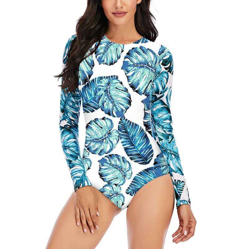 2022 Surfing Swimsuit for Women Long Sleeve One Piece Bodysuit Leaves Print Sexy Bikini Brasile Summer Push Up Swimwear XJ260206