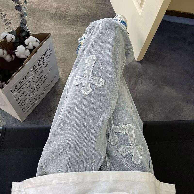 Washed Vintage Cross Jeans For Men Spring Autumn American Retro Trendy Straight Loose Cool Casual Pants