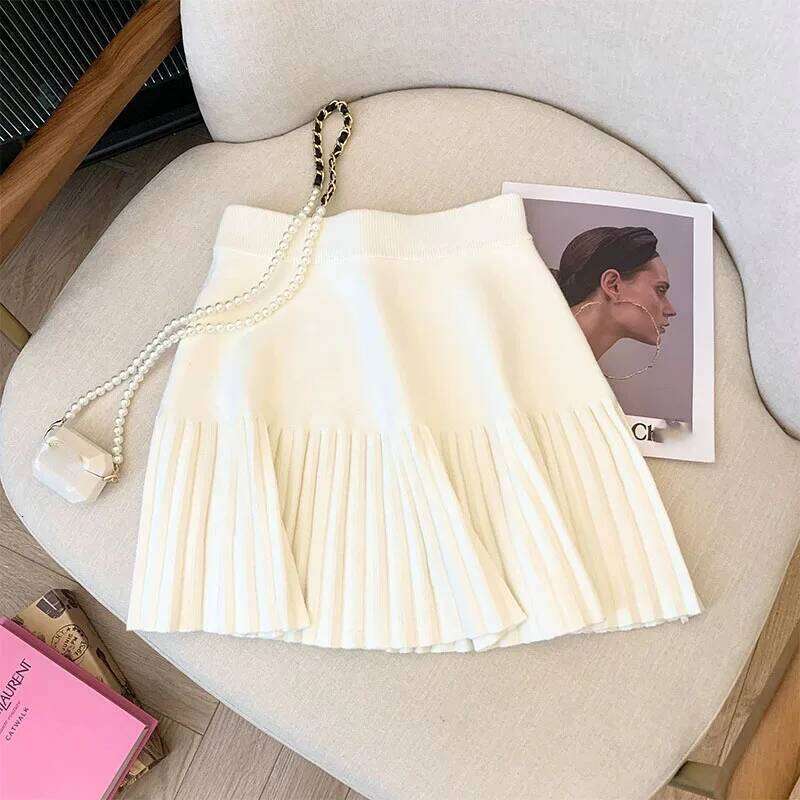 Solid High Waist Knitted Pleated Skirt Women Autumn Winter Sweet Preppy Style Mini Korean Chic Slimming A-Line Skirts XJ260309