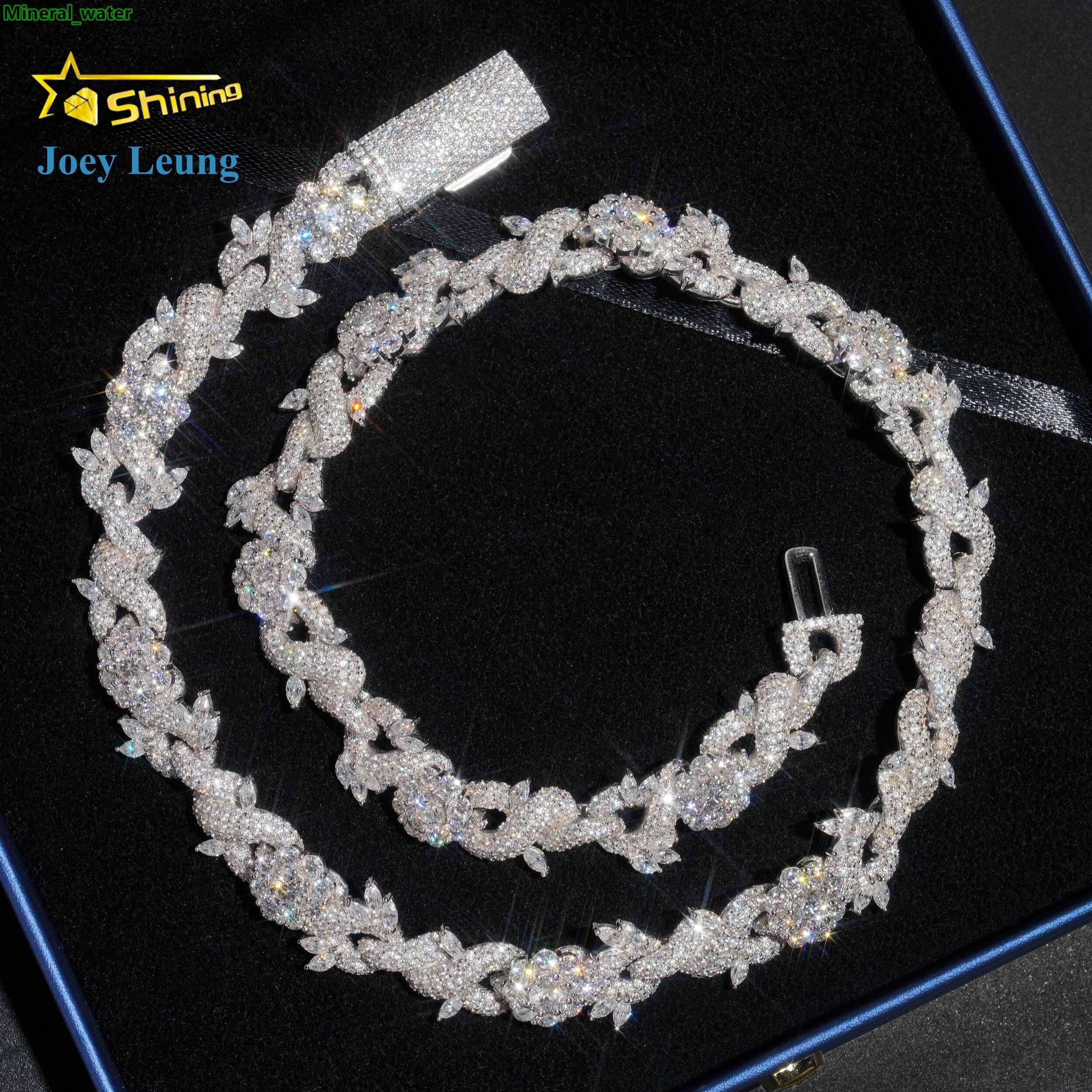 New Custom Design Silver 925 Fashion Luxury Flower Moissanite Diamond Hip Hop Jewelry Iced Out 15MM Cuban Link Chain