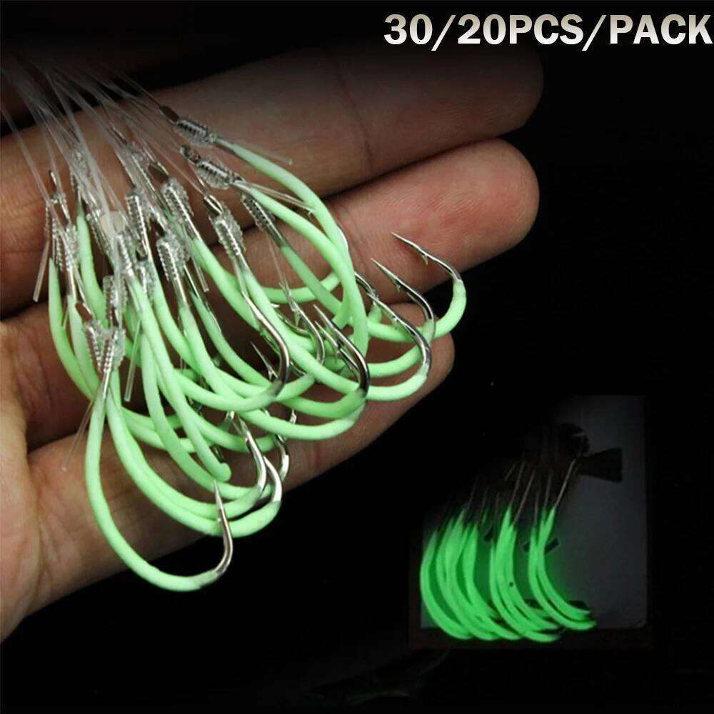 30pcs/lot Night Fishing Hook Glow In Dark String Hooks 16-24# Luminous Crank Nake Single Fishhook Freshwater & Saltwater S260305
