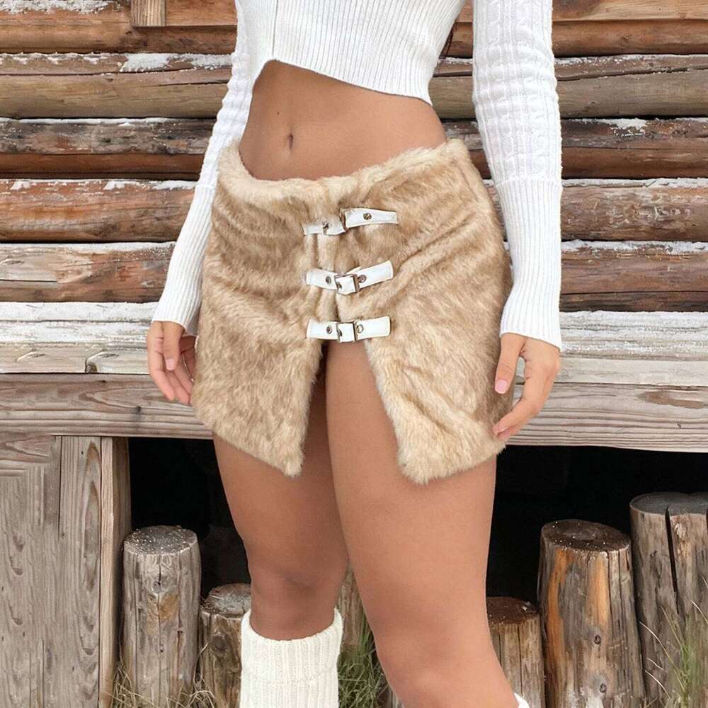 Y2K Sexy Fur Split Mini Buckle Sweet Slim Side Slit Mid-Waisted Bodycon Skirt Casual Streetwear Party Outfit Autumn Winter XJ260309