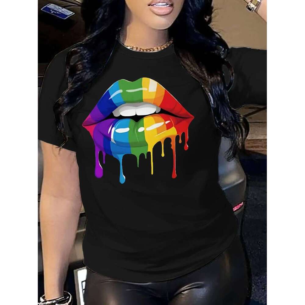 Women's Vibrant Multicolored Print Casual Crew Neck T-Shirt 2023 Collection Fashion Top for Spring Summer Short Sleeve XJ260306