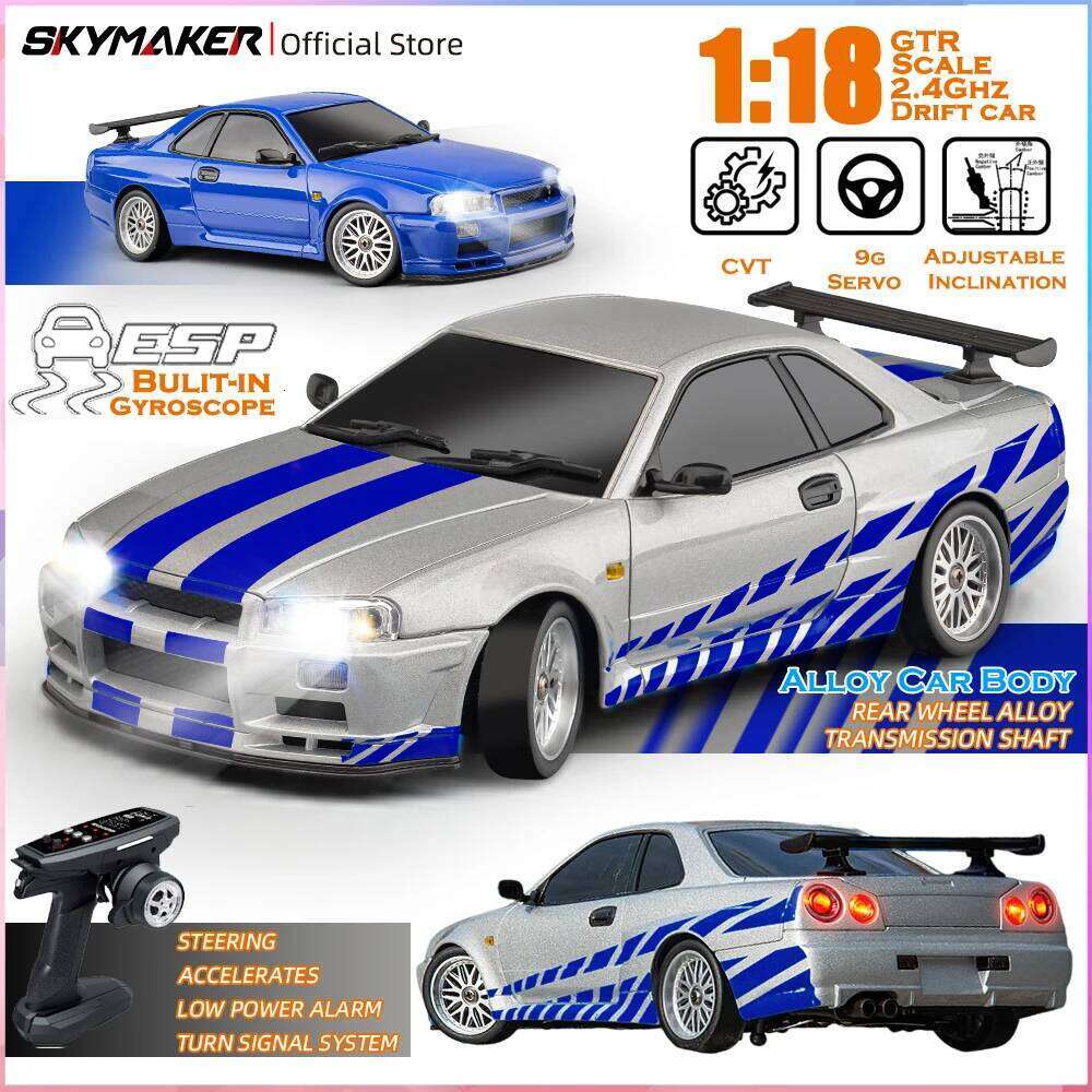 Skymaker LD1899 1/18 RC Drifting GTR R34 2.4GHz RWD with Gyroscope on-Road Alloy Body Shell Remote Control Racing Car Gifts C260306