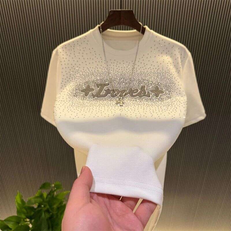 Faionable Mens ort Sve T-irt with Hotfix Rhinestones Letter Print round Ne Urban Sle Breathable Summer Top Asia Size