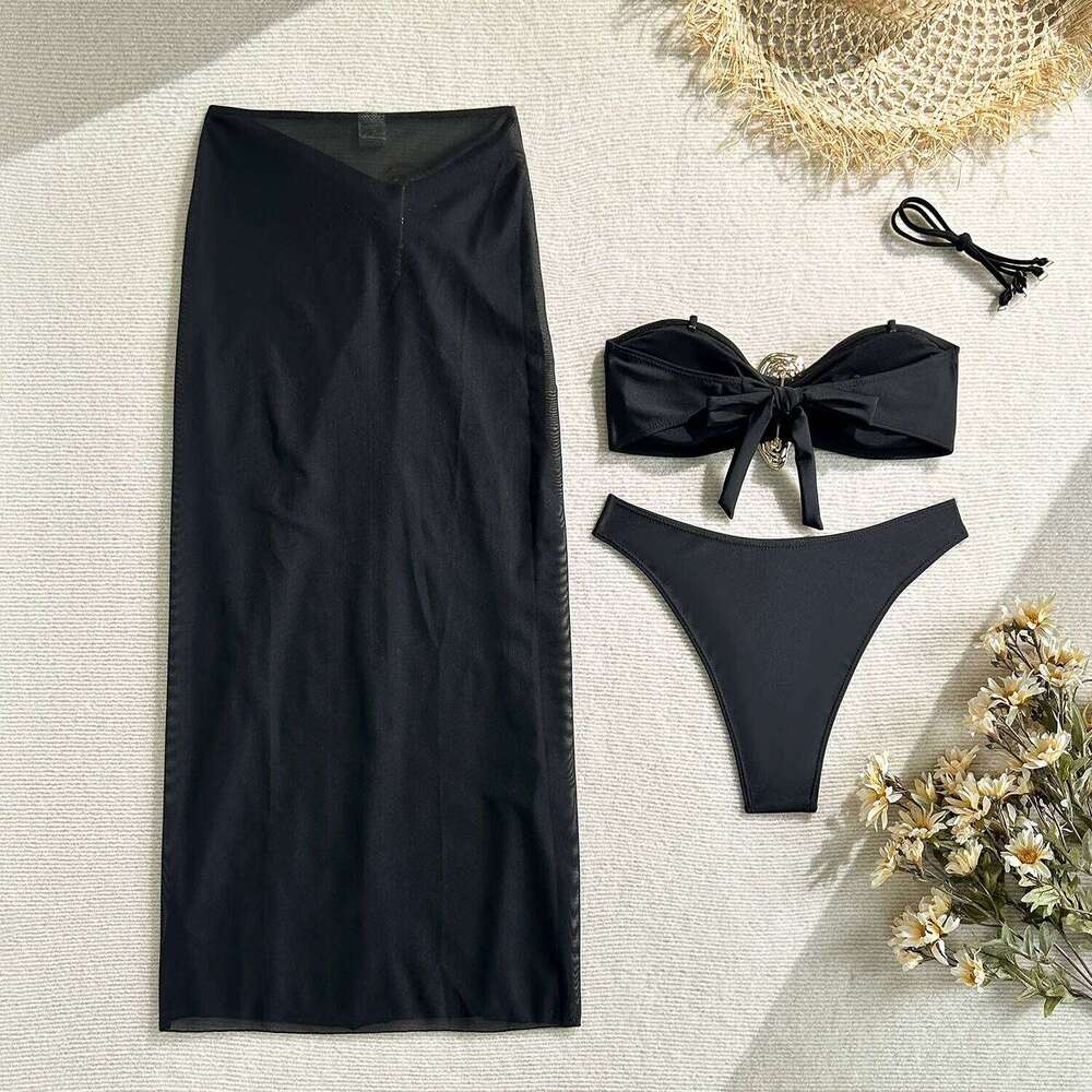 2025 new style with solid color metal three-piece split swimsuit bikini set XJ260206