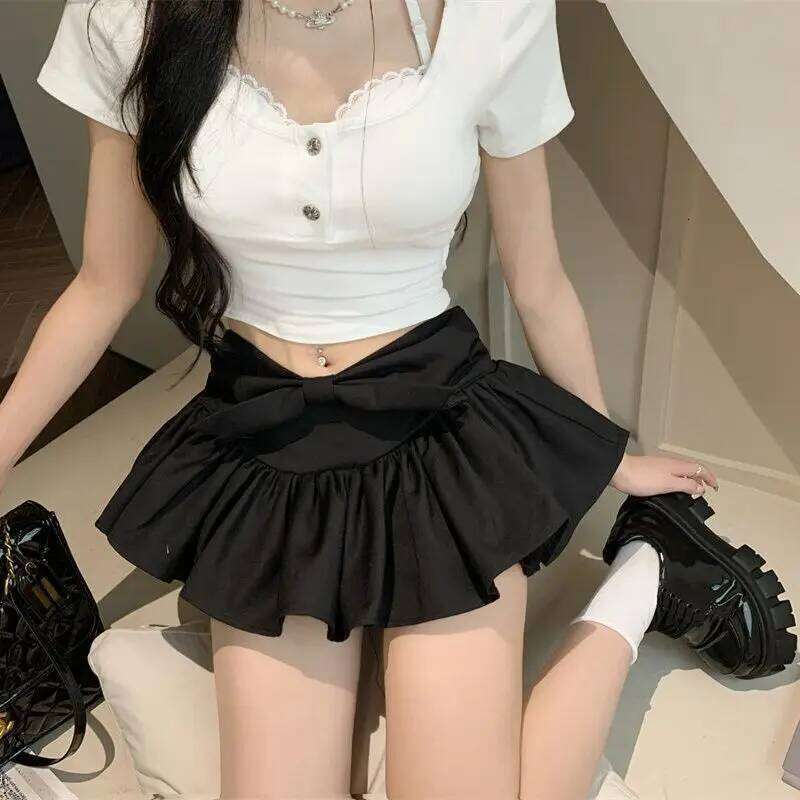 Kawaii Black Mini Women Y2k Fluffy Cake Streetwear Club High Waisted Pants Skirt A-line Ruffle Ballet Girl Harajuku XJ260309