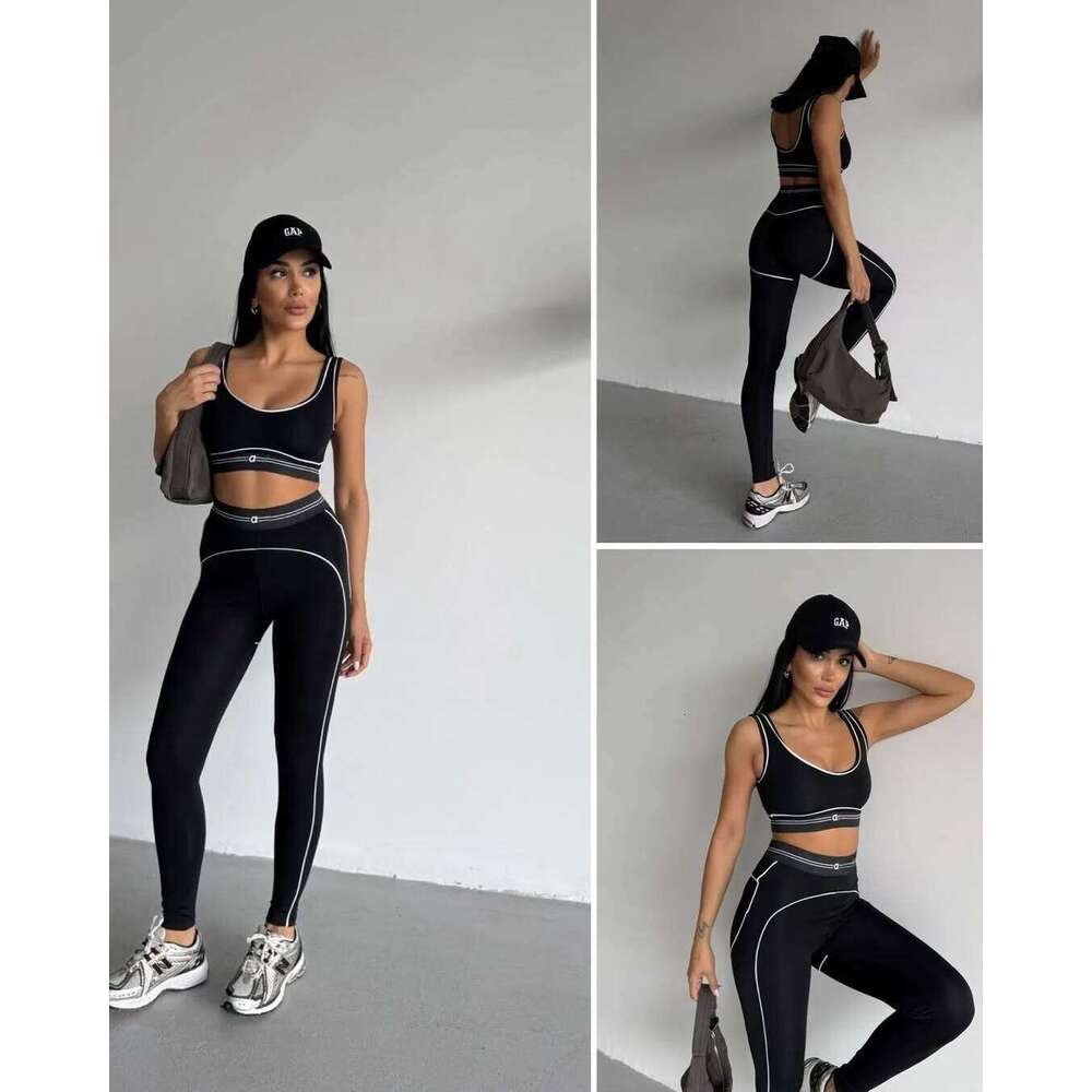 New Women S Sports Sleeveless Tank Top High Waist Hip Lifting And Abdominal Compression Fitness Pants Set MAKOUFEI