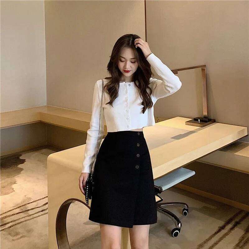 Skirts Women 4XL Solid Button Knee-length Elegant Office Lady Business Temperament Korean Style Trendy Females Summer Mature New XJ260309