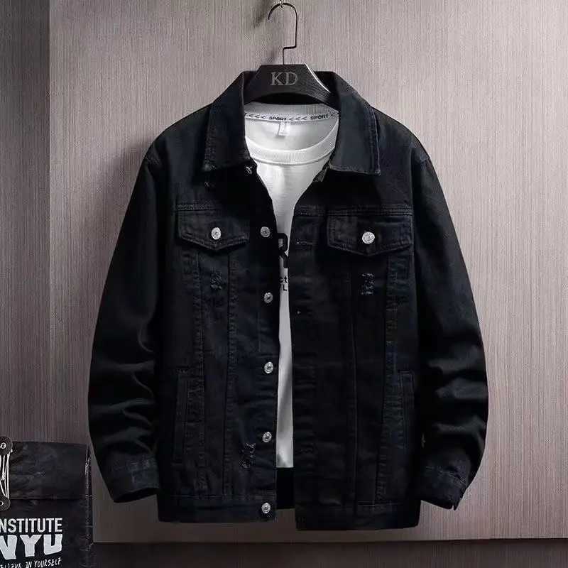 Denim Jacket Men Distressed Turn Down Collar Coats Single Breasted Washed Outerwear Loose Fit Pockets High Street Spring M260309