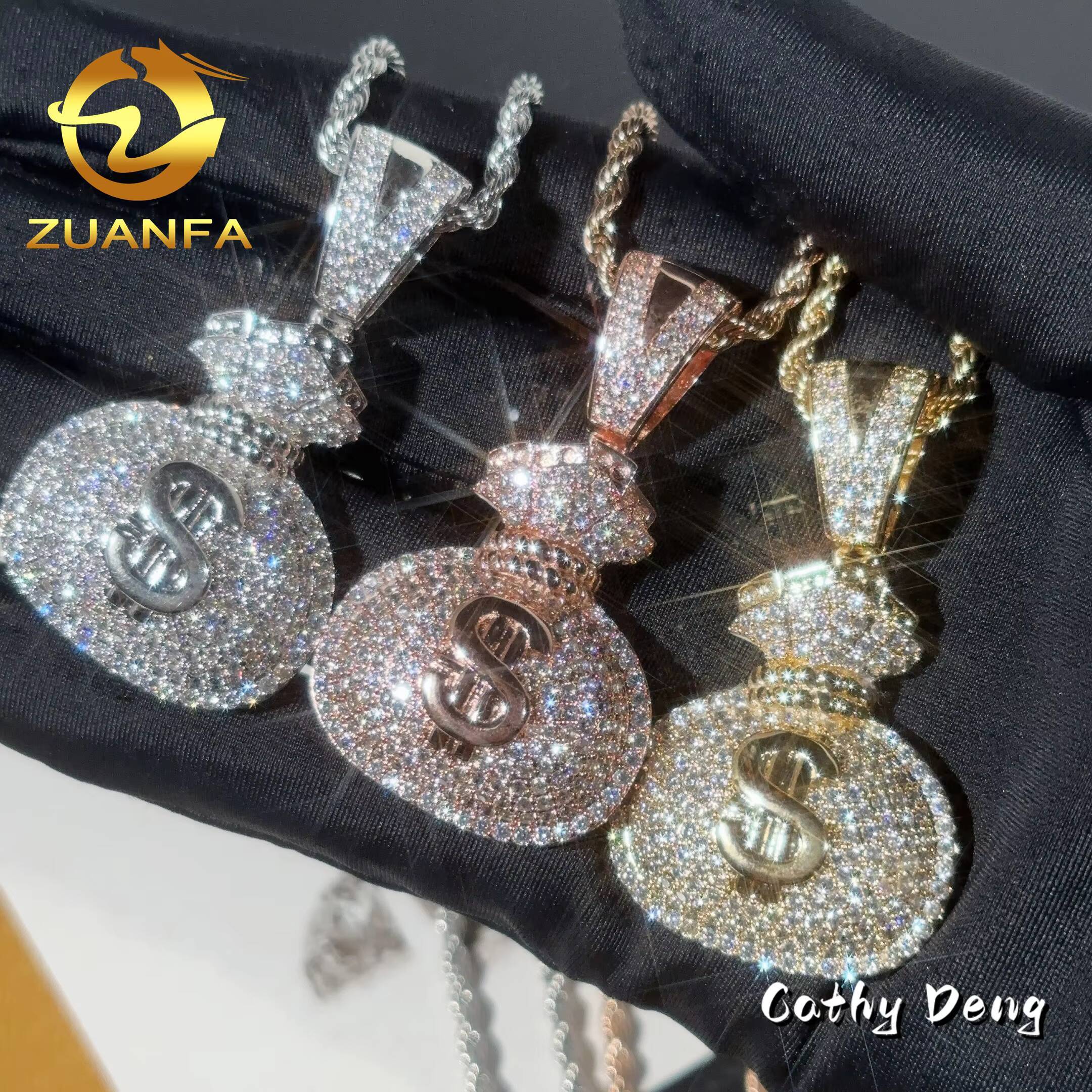 48h Shipping 925 Solid Silver Lucky Money Bag Moisssanite Pendant Hip Hop Jewelry Iced Out Pendant Free Rope Chain