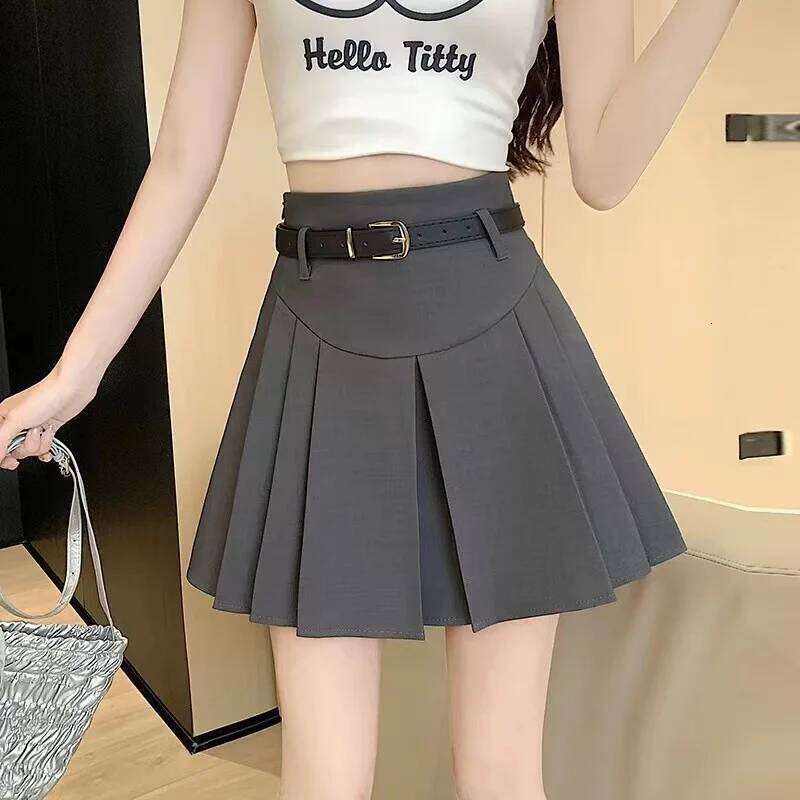 Yitimoky Chic Pleated for Women High Waisted Gray Black Fashion Solid Mini Skirts Spring Summer A Line Skirt with Belt XJ260309