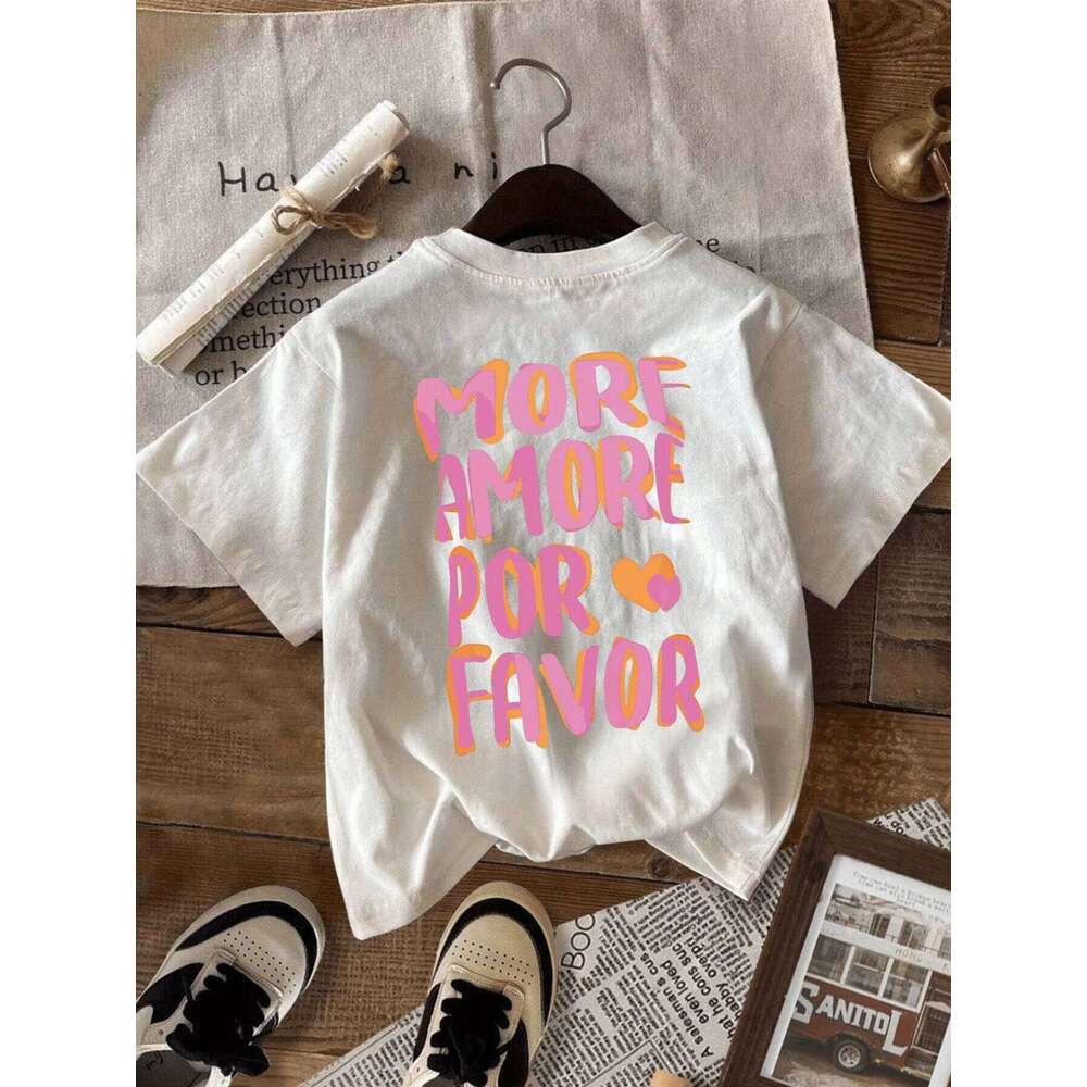 MORE AMORE POR FAVOR Women's Crew Neck T-Shirt Pink Print with Hearts Harajuku Short Sleeve Casual XJ260306