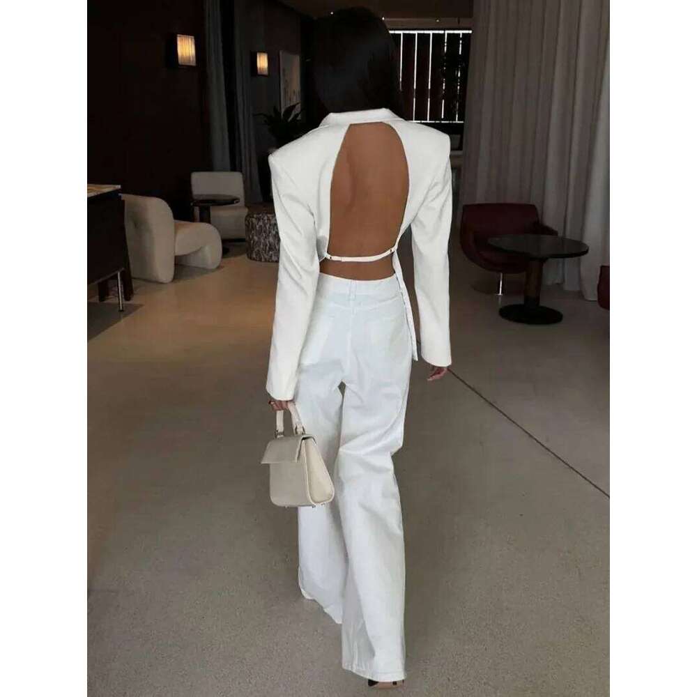 Elegant Women S Backless Black Suit Ladies Chic Long Sleeve Covered Buttons Hollow Out Blazers White Tops Coat Outerwear MAKOUFEI