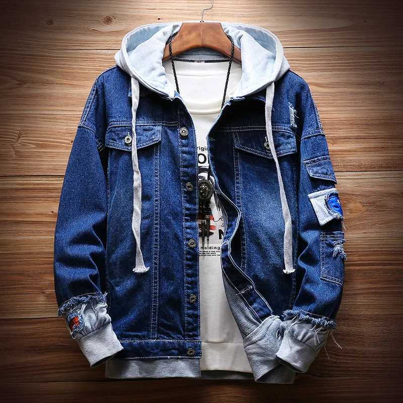 Hot 2020 Fashion Denim jacket male hooded autumn handsome jacket autumn clothing Korean teenagers students loose fake two gowns M260309