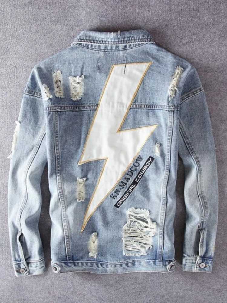 Men Lightning Patchwork Denim Jacket Embroidered Frayed Distressed Biker Moto Coat Trendy Spring Streetwear Outer Clothing M260309