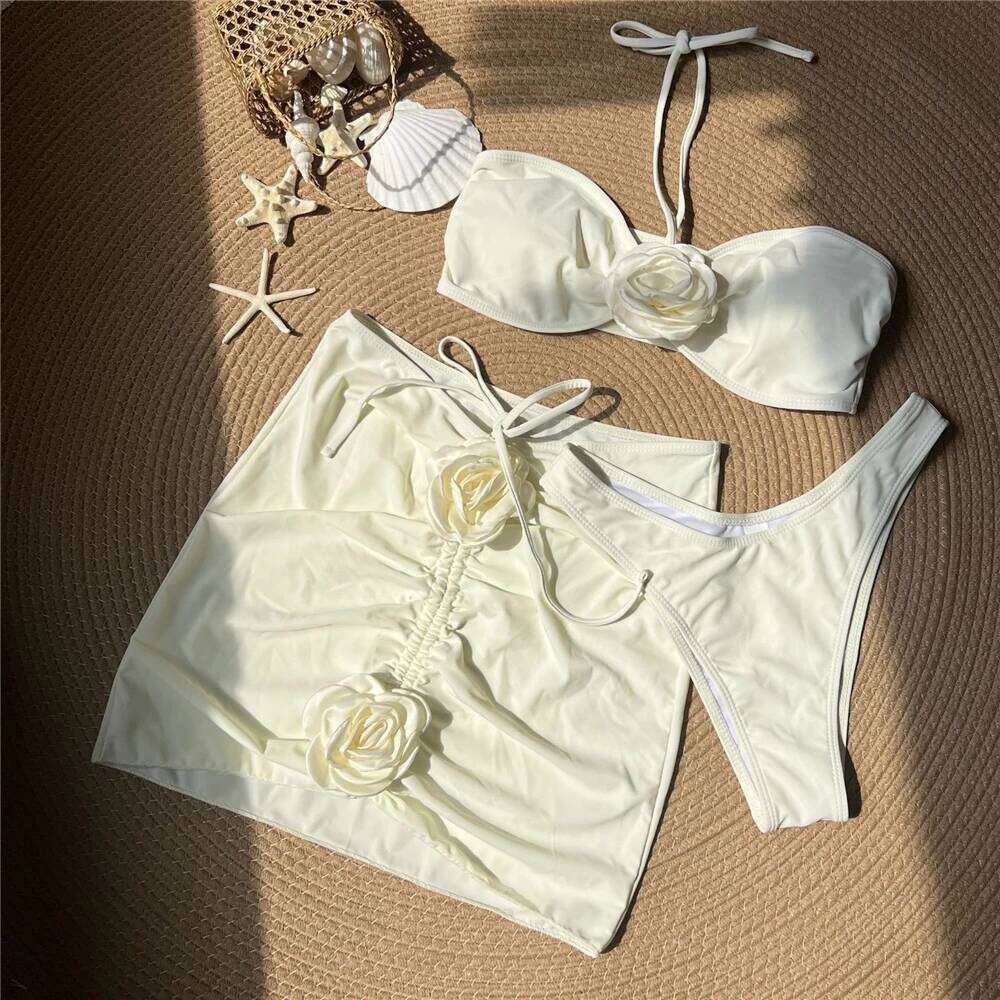 Sexy Black 3D Flower Bandeau Swimwear Skirts Cover Ups Thong 3 Piece Bikini Set 2025 Women Swimsuits Beachwear Bathers Bikinis XJ260206