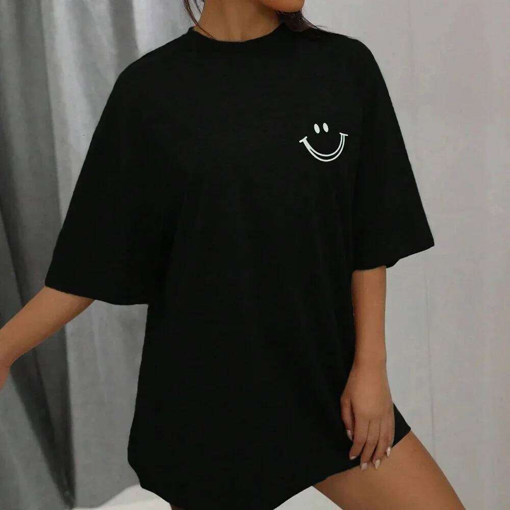 Happy Expression Printed Short Sleeve Street Hip Hop Tee Clothing All-math Breathable Tops Crewneck Women T-Shirts XJ260306